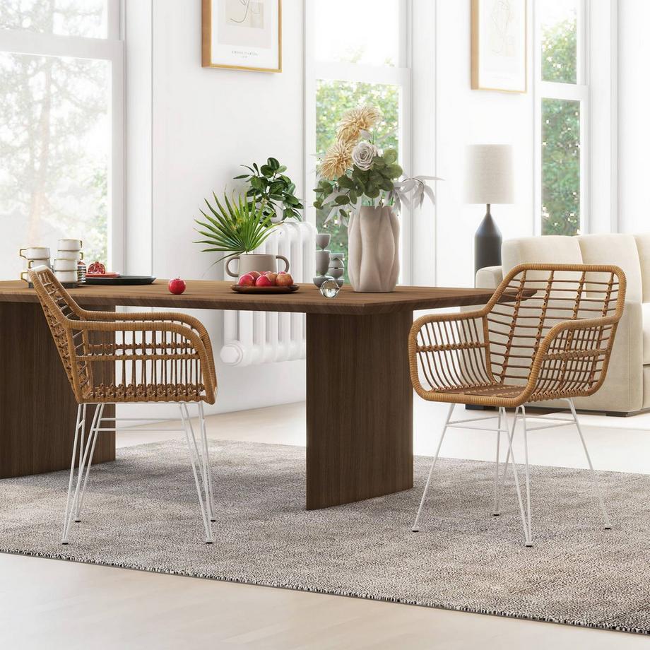 Northio 2er Set Rattan Stuhl Esszimmer, Belastbarkeit 120 kg, ergonomisch, mit Rückenlehne, Stahlbeine, im Boho-Stil, 56 x 60 x 79 cm, Natur  