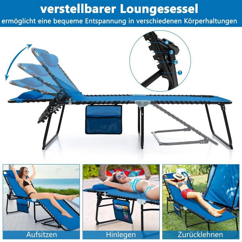 B2X Sonnenliege mit Kopfstütze und Seitentasche klappbare Gartenliege mit Verstellbarer Rückenlehne Marineblau  