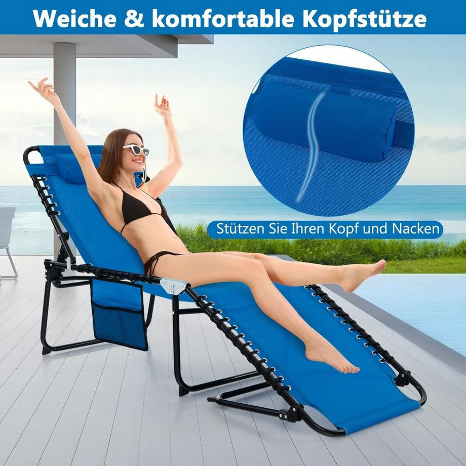 B2X Sonnenliege mit Kopfstütze und Seitentasche klappbare Gartenliege mit Verstellbarer Rückenlehne Marineblau  