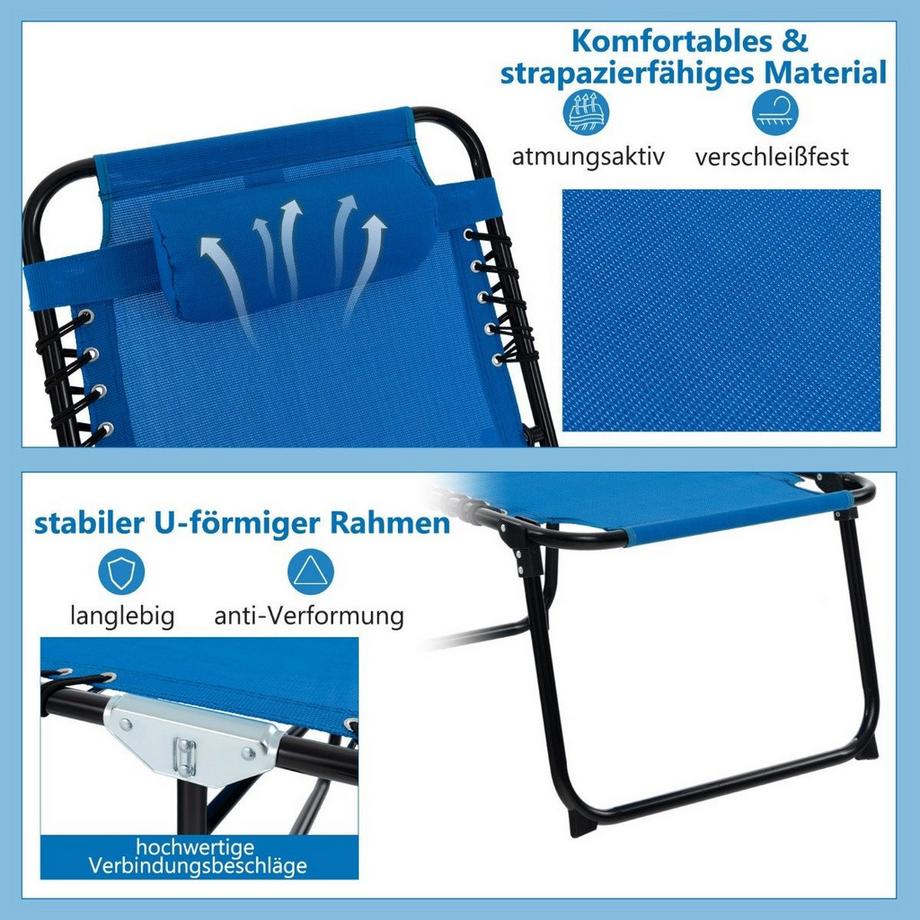 B2X Sonnenliege mit Kopfstütze und Seitentasche klappbare Gartenliege mit Verstellbarer Rückenlehne Marineblau  