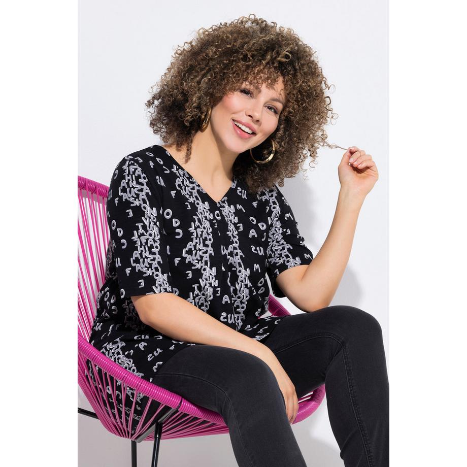 Ulla Popken A-Linie Buchstaben Print V-Ausschnitt Halbarm T-Shirt  