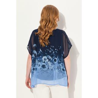 Ulla Popken  Blusa di chiffon a doppio strato con fiori, scollo rotondo e mezze maniche 