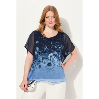 Ulla Popken  Blusa di chiffon a doppio strato con fiori, scollo rotondo e mezze maniche 