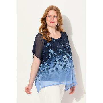 Blusa di chiffon a doppio strato con fiori, scollo rotondo e mezze maniche