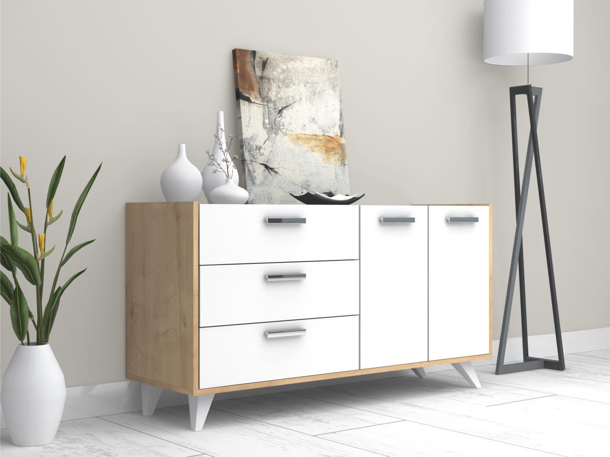 Vente-unique  Sideboard mit 2 Türen & 3 Schubladen - Weiß & Holzfarben - NAELY 