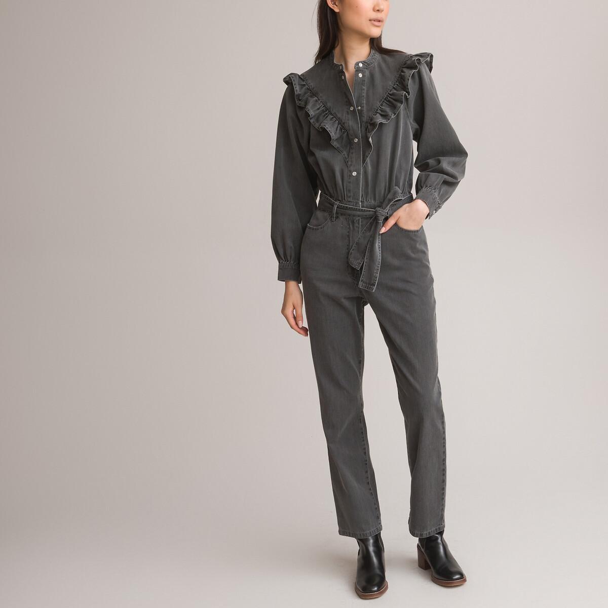 Image of Langärmeliger Jumpsuit Mit Rundem Ausschnitt Damen Grau 32