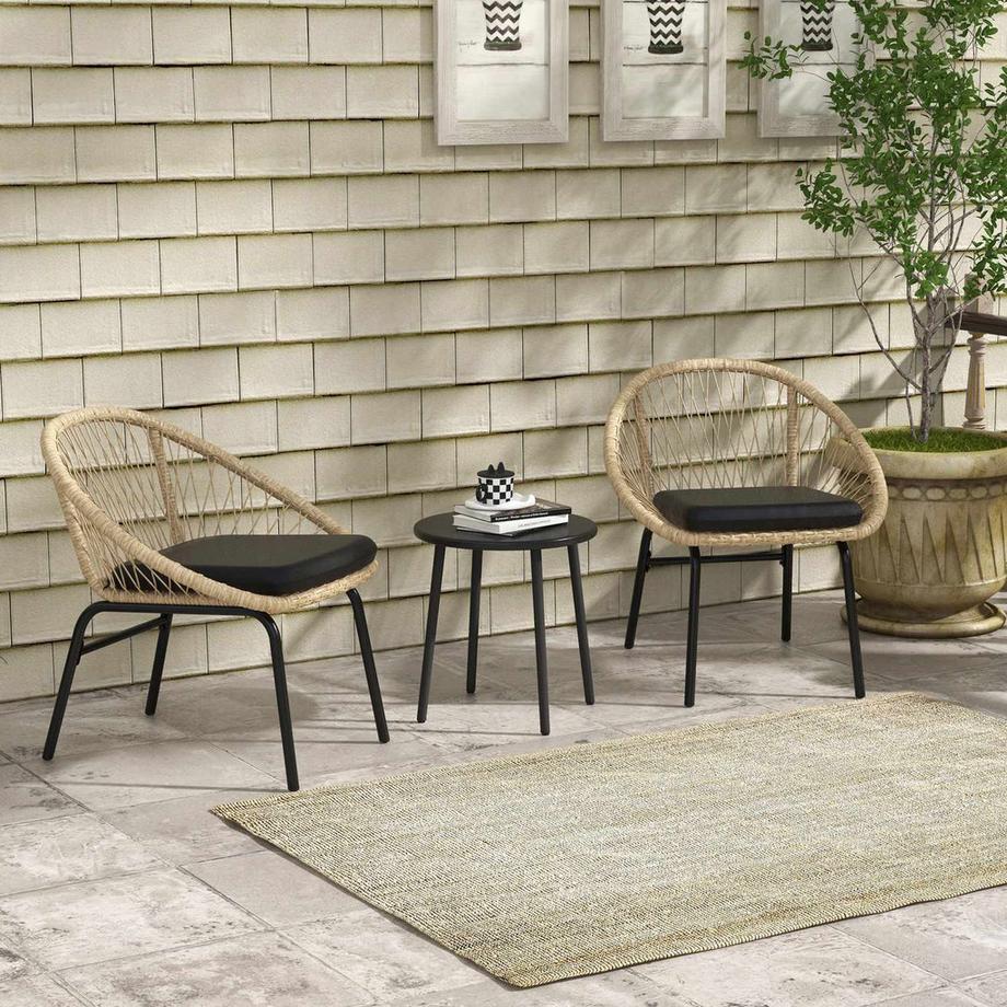 Northio 3-Tlg. Rattan Gartenmöbel-Set, Balkonmöbel-Set Mit Couchtisch, 2 Stühlen, Sitzgarnitur Mit Kissen, Polyester, Gelb  