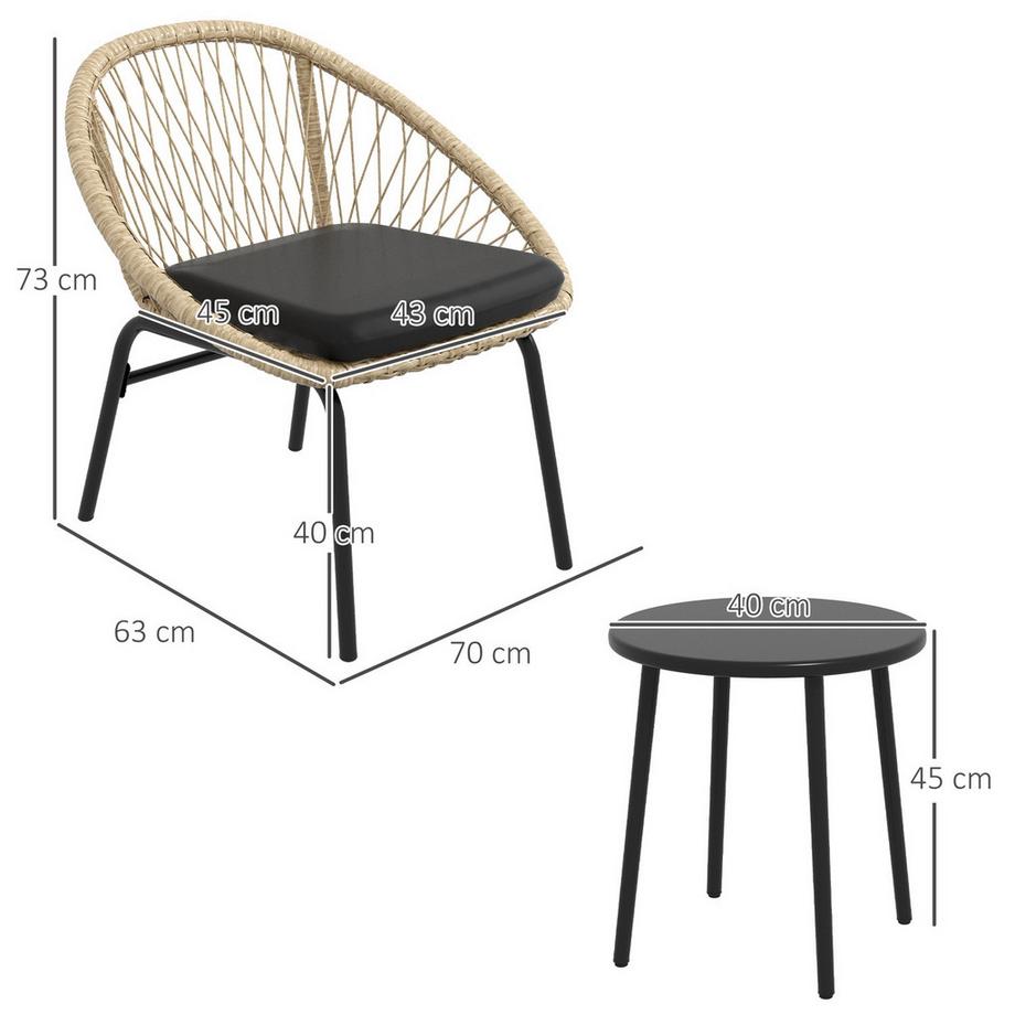 Northio 3-Tlg. Rattan Gartenmöbel-Set, Balkonmöbel-Set Mit Couchtisch, 2 Stühlen, Sitzgarnitur Mit Kissen, Polyester, Gelb  
