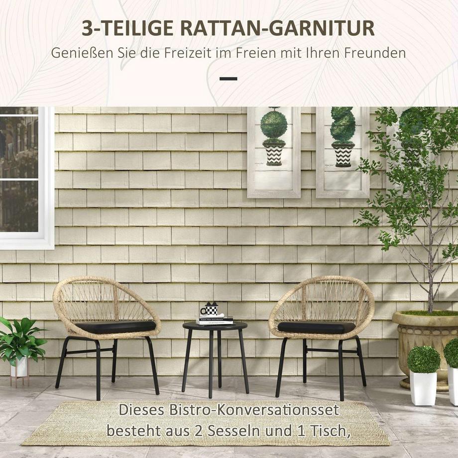 Northio 3-Tlg. Rattan Gartenmöbel-Set, Balkonmöbel-Set Mit Couchtisch, 2 Stühlen, Sitzgarnitur Mit Kissen, Polyester, Gelb  