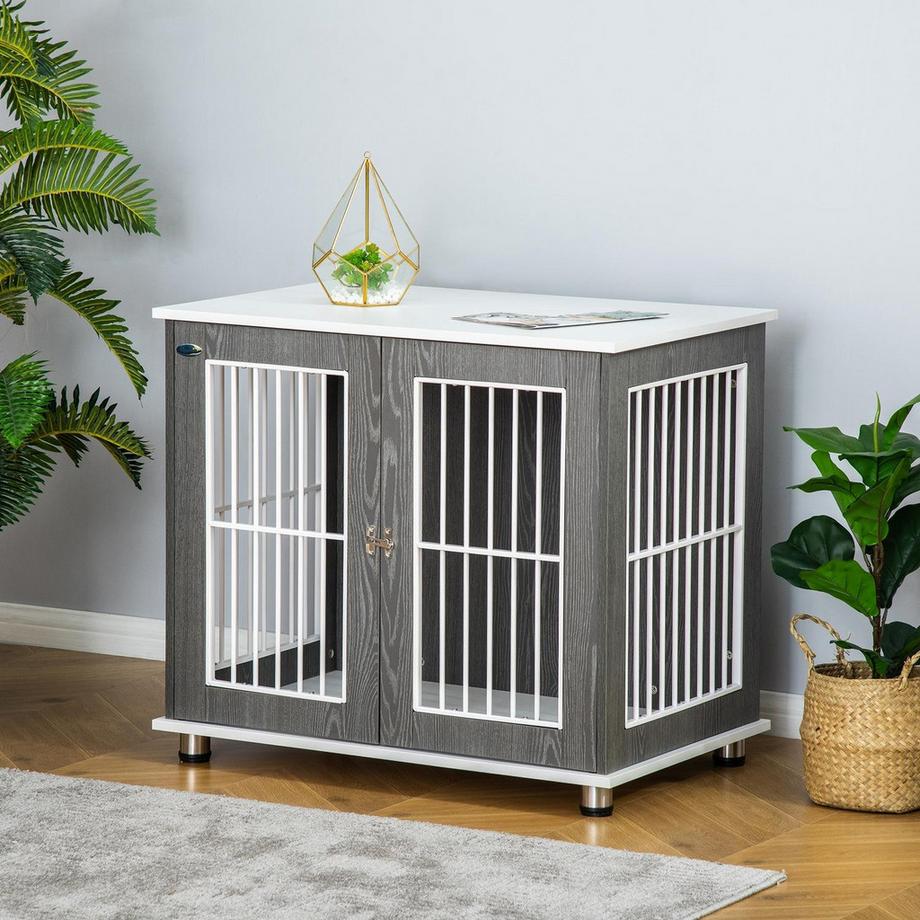 Northio  Niche De Transport En Bois Pour Chien Avec Plateau De Table Et Coussin, Cage Pour Petits Animaux, Table D'Appoint, Gris + Blanc, 85 X 55 X 75 Cm 