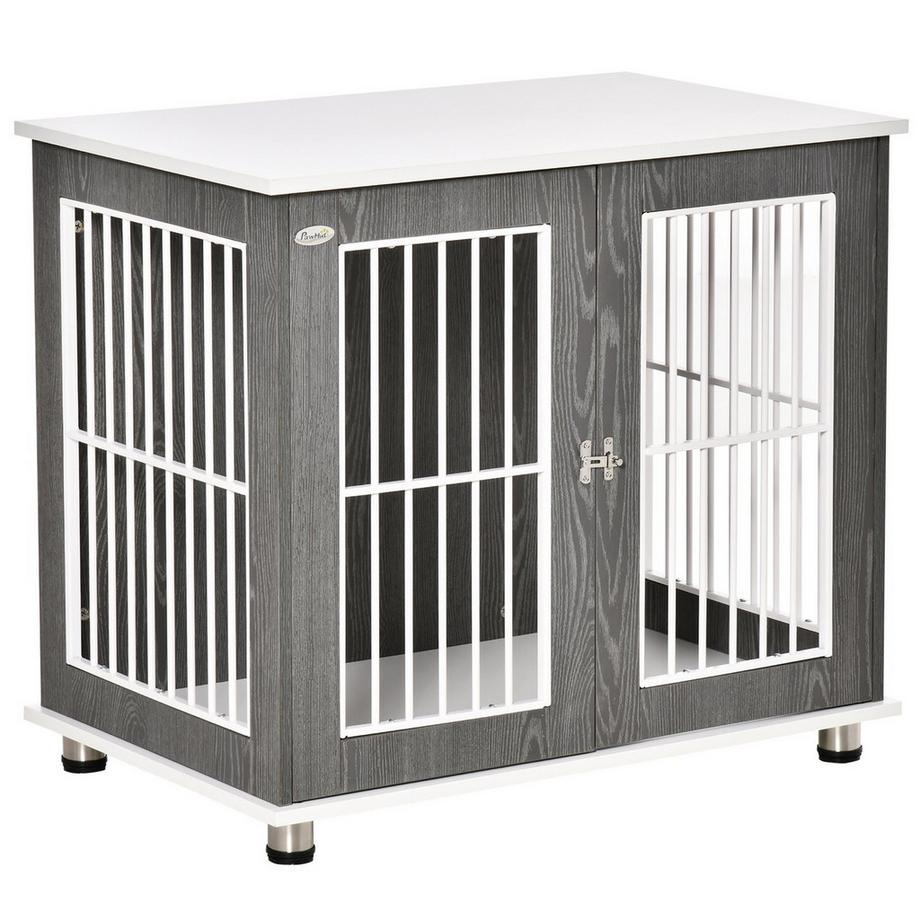 Northio  Niche De Transport En Bois Pour Chien Avec Plateau De Table Et Coussin, Cage Pour Petits Animaux, Table D'Appoint, Gris + Blanc, 85 X 55 X 75 Cm 