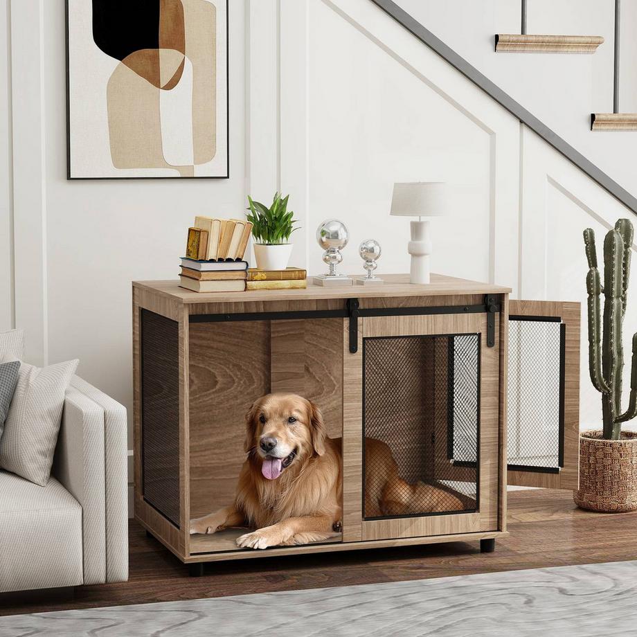Northio  Hundekäfig Möbel, Hundebox mit 2 verschließbaren Türen, Beistelltisch für Zuhause, Hundehaus für große Hunde unter 30 kg, Stahl, 98 x 60 x 78 cm, Nussbaum | 