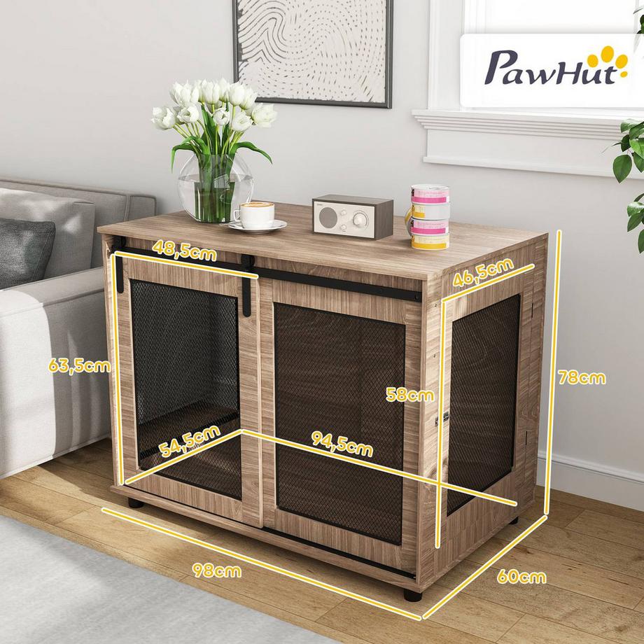 Northio  Hundekäfig Möbel, Hundebox mit 2 verschließbaren Türen, Beistelltisch für Zuhause, Hundehaus für große Hunde unter 30 kg, Stahl, 98 x 60 x 78 cm, Nussbaum | 