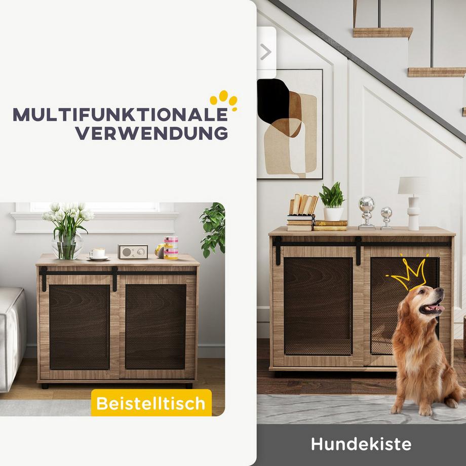 Northio  Hundekäfig Möbel, Hundebox mit 2 verschließbaren Türen, Beistelltisch für Zuhause, Hundehaus für große Hunde unter 30 kg, Stahl, 98 x 60 x 78 cm, Nussbaum | 