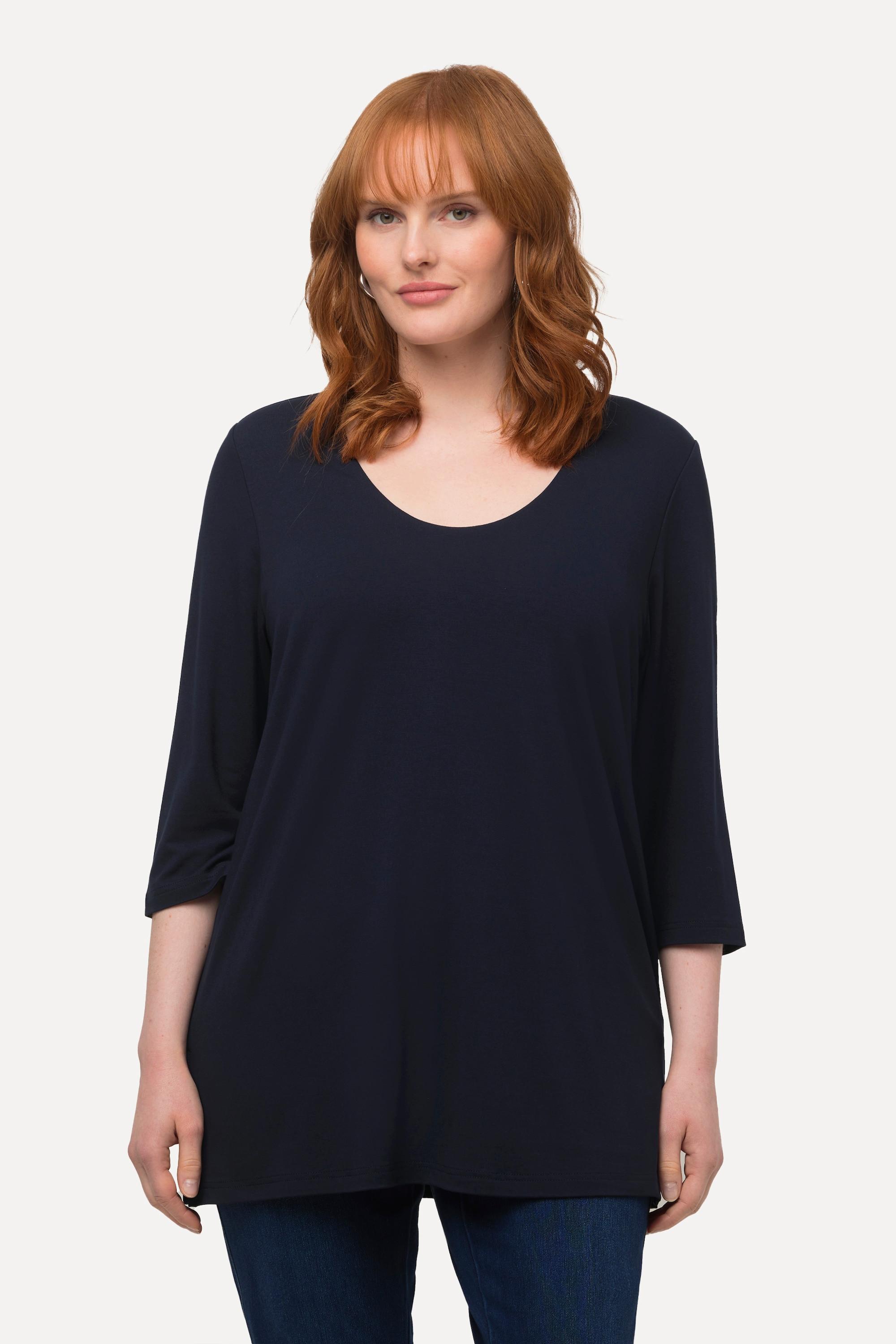 Ulla Popken  Shirt, tiefer Rundhalsausschnitt, 3/4 Arm 