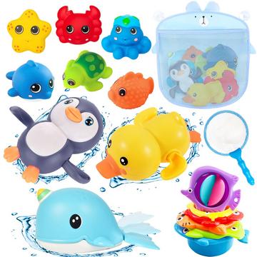 Baby Badespielzeug Wasserspielzeug, 16Pcs Kinder Badespielzeug mit Fischernetz, Badespielzeug Baby Kinder Spielzeug Baby Bad Pinguin, Schwan, Ente, Wal