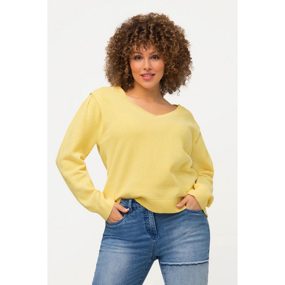 Ulla Popken Pull Maille Texturée Col V Manches Longues  