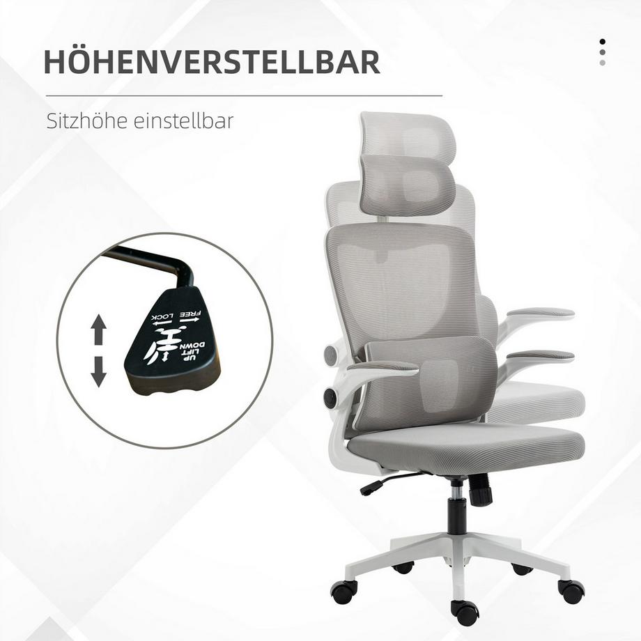 Northio  Bürostuhl Ergonomisch Höhenverstellbar Schreibtischstuhl Verstellbar Armlehne Kopfkissen Wippfunktion Lendenstütze Mesh Grau 