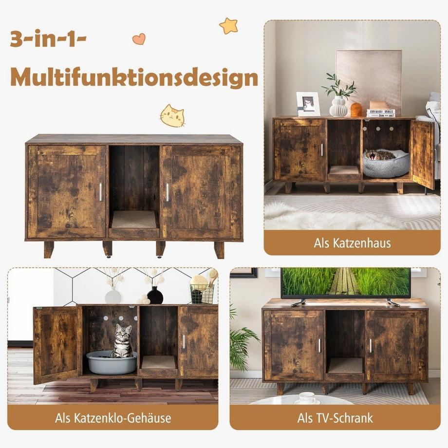 Northio  Armadietto per toilette per gatti con 2 ante, tiragraffi e ingresso 120 x 52 x 65 cm vintage 