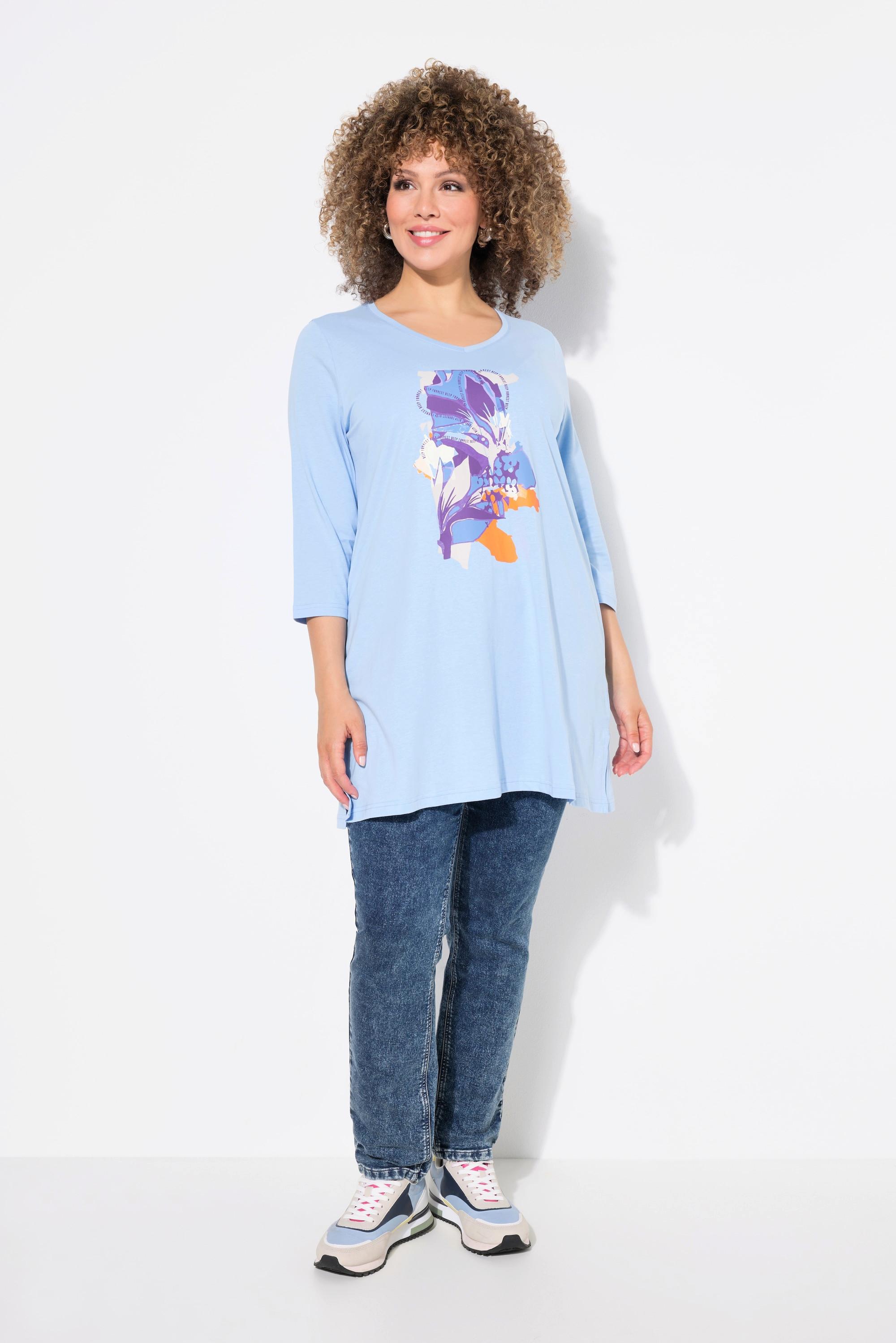 Ulla Popken  Longshirt, Blüten, A-Linie, V-Ausschnitt, 3/4-Arm 