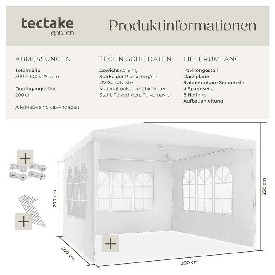 Tectake Pavillon Barinas 3 x 3 m, im Stecksystem abnehmbare Seitenteile  