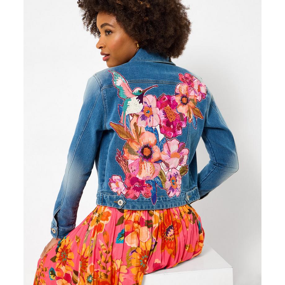 Jeansjacke mit Applikationen und Stickerei