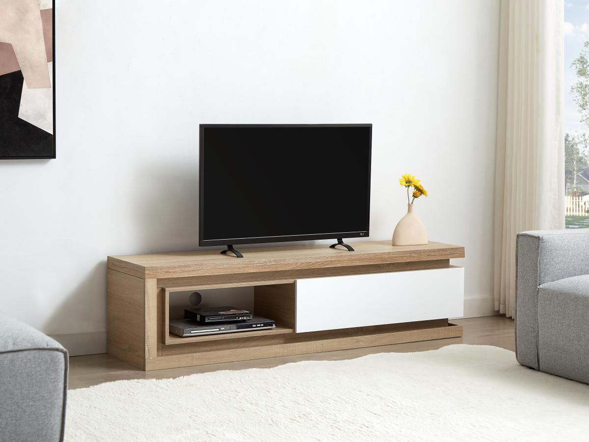 Vente-unique Mobile TV 1 cassetto e 1 nicchia con LED in MDF Naturale e Bianco laccato - FLARANCIA  