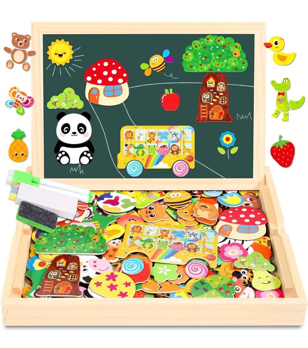 Activity-board  Holzpuzzle mit doppelseitigem Magneten | Wald | Bauernhof | Obst | Bus - kreatives Spielzeug für Kinder 