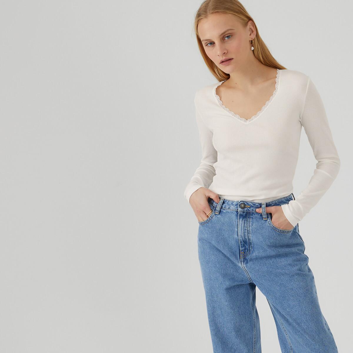 Image of Langarm-shirt Mit V-ausschnitt Und Spitze Damen Weiss XL