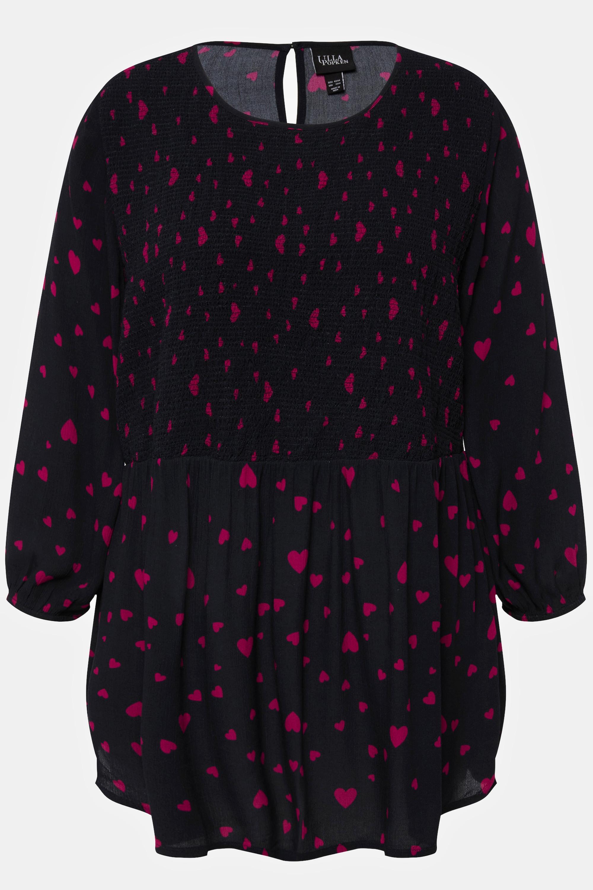 Ulla Popken  Blouse smockée, motif cœurs. Silhouette en A, Décolleté rond et manches courtes. 