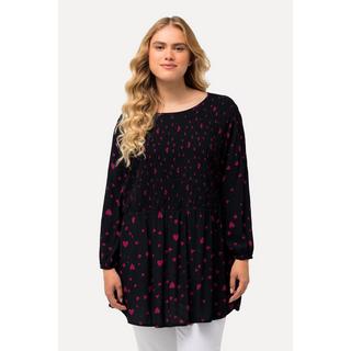 Ulla Popken  Blusa dal taglio svasato a punto smock con cuori, scollo a girocollo e maniche a 3/4 