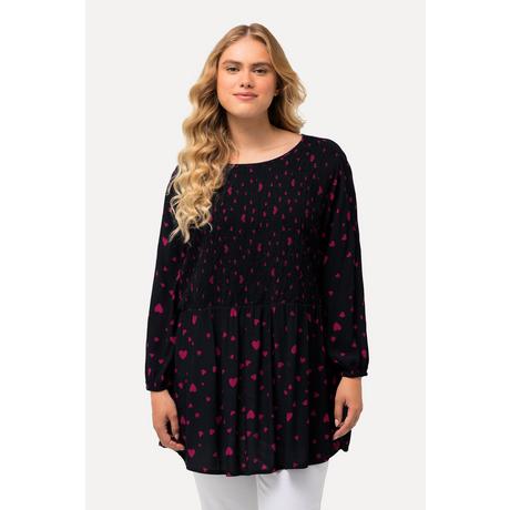 Ulla Popken  Blusa dal taglio svasato a punto smock con cuori, scollo a girocollo e maniche a 3/4 