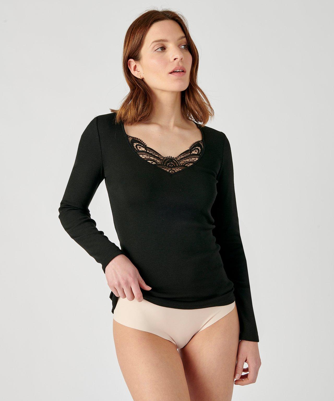 Image of Langärmeliges Shirt Mit Gipüre-spitze, Wärmegrad Medium 3. Damen Schwarz 34/36