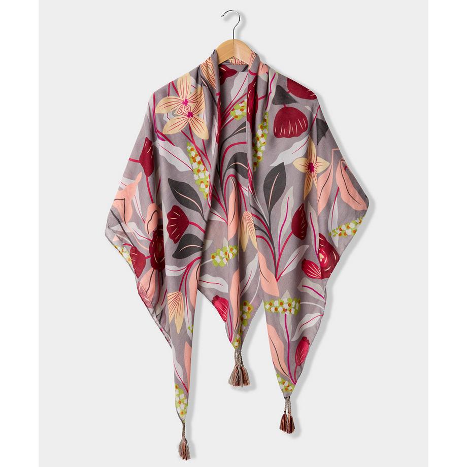 Écharpe grise superposable à motif feuilles et fleurs