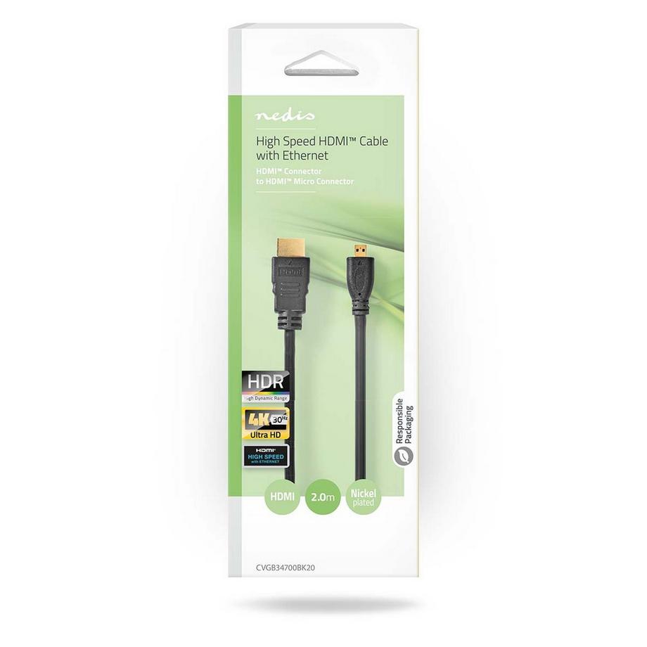 Nedis  Câble HDMI™ haute vitesse avec Ethernet | Connecteur HDMI™ | Connecteur HDMI™ Micro | 4K@30Hz | 10,2 Gbps | 2,00 m | Rond | PVC | Noir | Boîte 