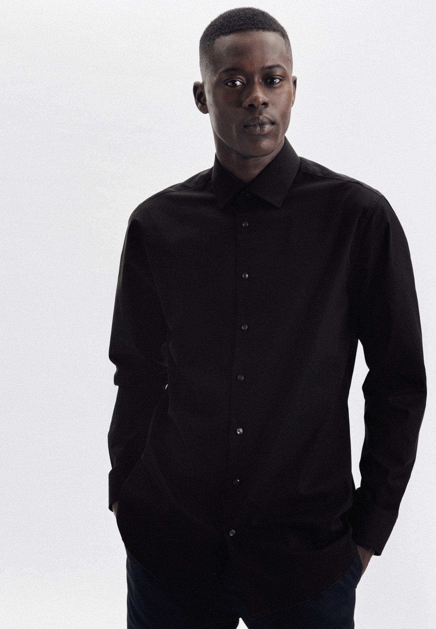 Image of Business Hemd Shaped Fit Langarm Uni Herren Schwarz 42