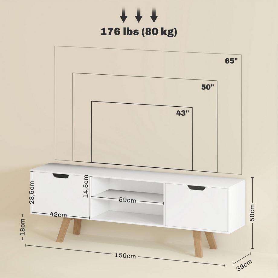 Northio  TV-Schrank, Fernsehtisch für Fernseher bis zu 65 Zoll, Lowboard mit 2 Schränken und 2 Regalebenen, Fernsehschrank für Wohnzimmer, 150 x 39 x 50 cm Weiß 