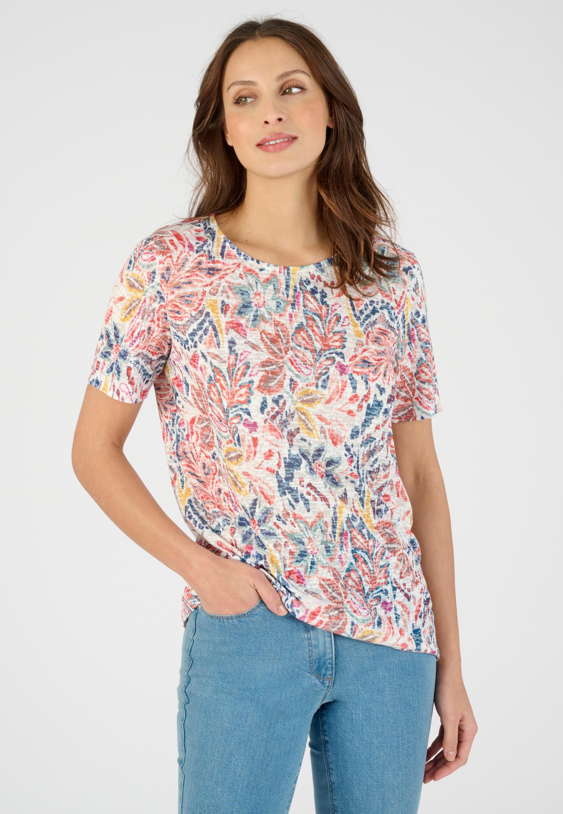 Image of Bedrucktes T-shirt Aus Gewebe Mit Ausbrennern. Damen Weiss 50/52