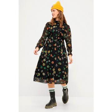 Robe midi en A à col montant ruché et manches longues, imprimé floral