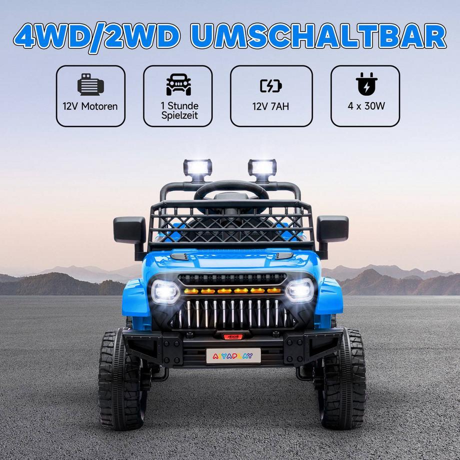 Northio  Kinder Elektroauto, 12 V Geländewagen mit 2,4G Fernbedienung， Anhänger, Kinderfahrzeug mit LED-Lichte, Sanft-Start, Musik und Hupe, 2,5-4 km/h, für 3-8 Jahre Kinder, Hellblau 