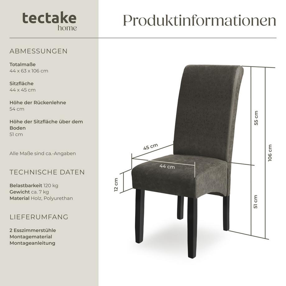 Tectake Esszimmerstuhl  gepolstert mit Kunstlederbezug hohe Rückenlehne  