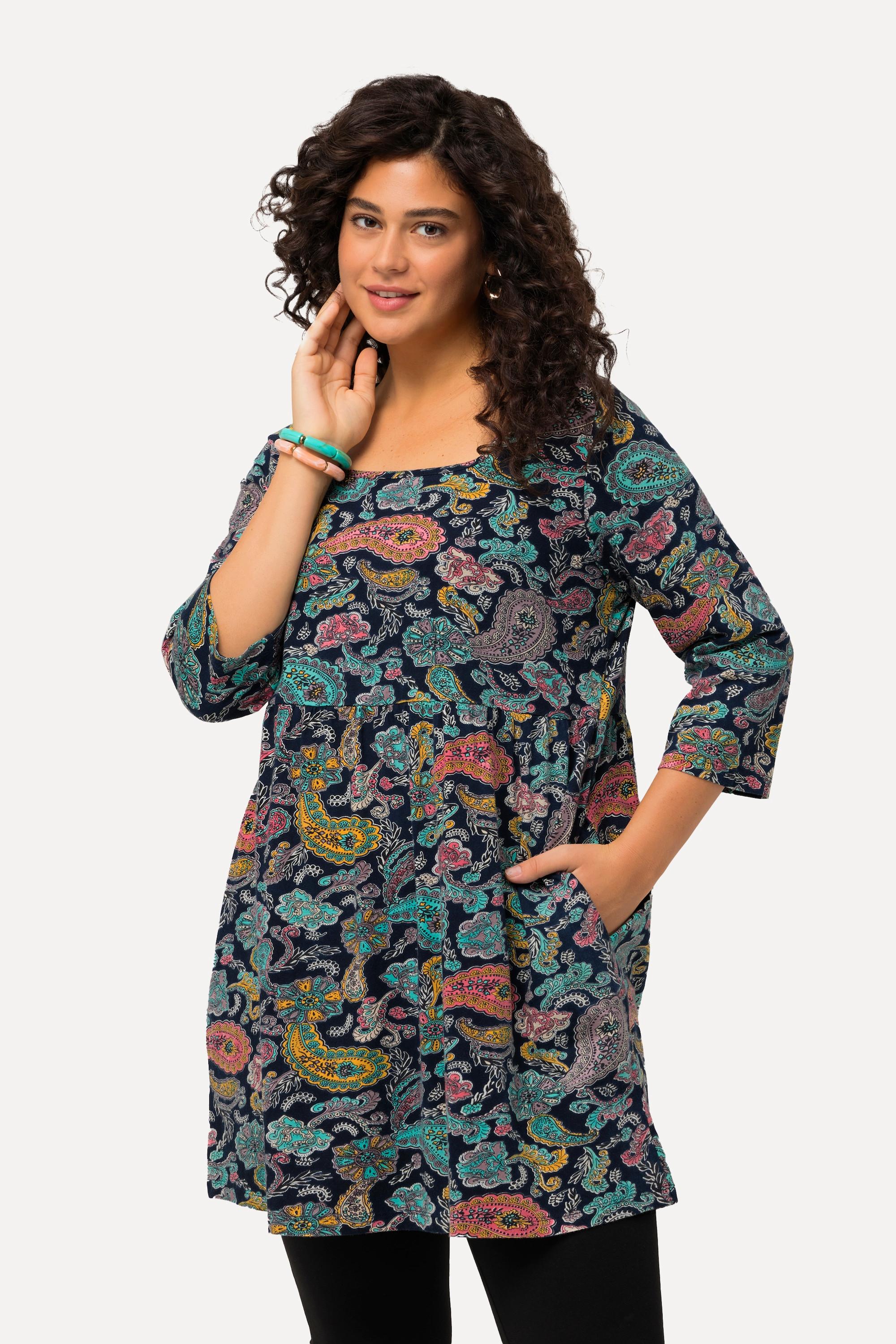 Ulla Popken  Maglia lunga con scollatura rettangolare, maniche a 3/4 e design Paisley 