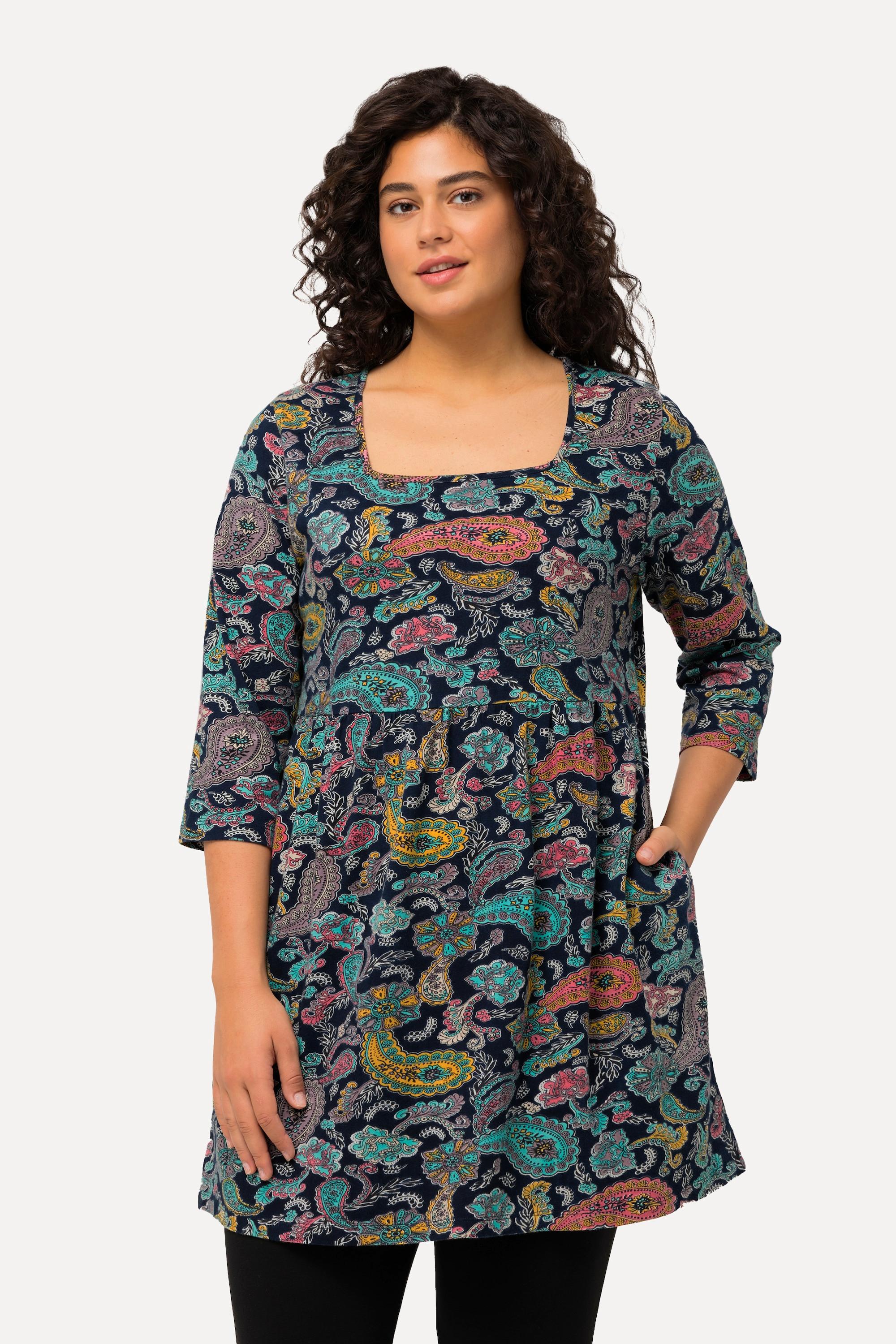 Ulla Popken  Maglia lunga con scollatura rettangolare, maniche a 3/4 e design Paisley 