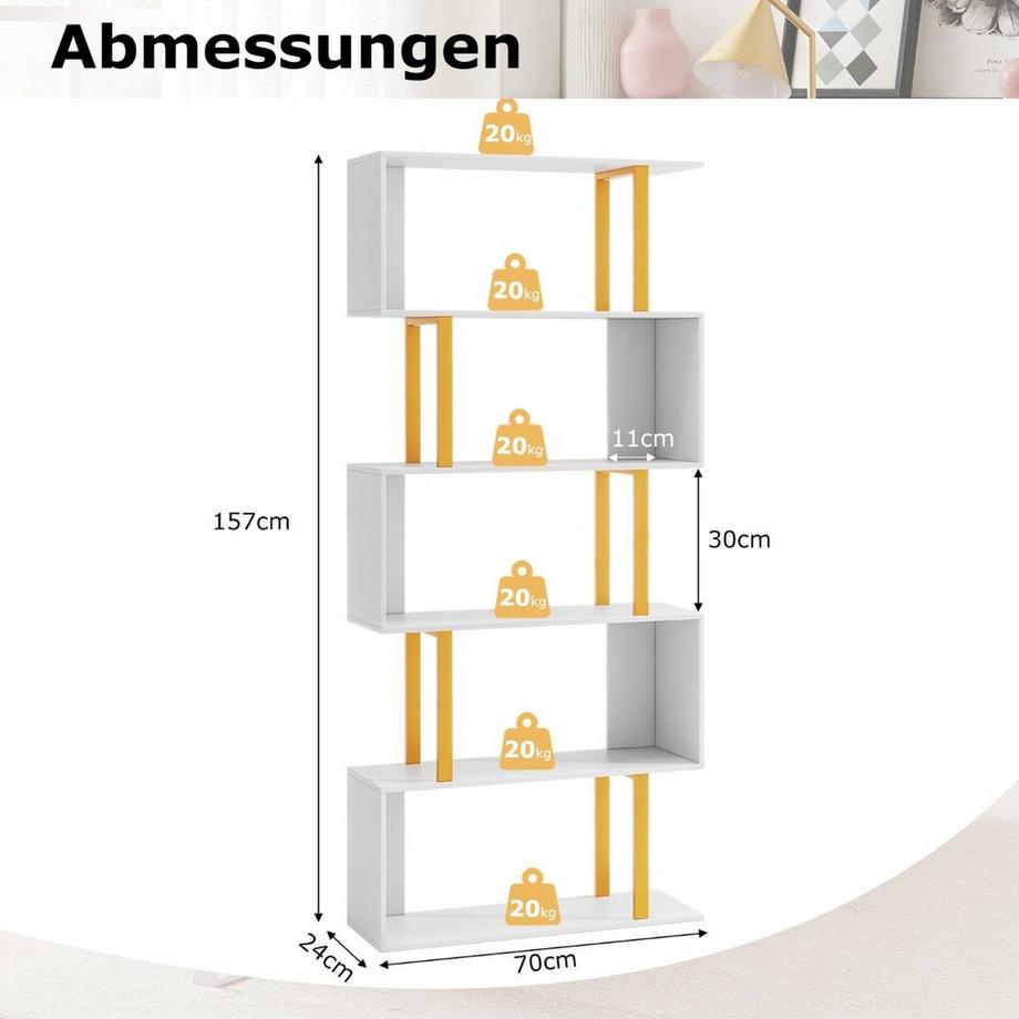 Northio Bibliothèque étagère sur pied blanche à 5 niveaux étagère de bureau en forme de S autoportante 70 x 24 x 157 cm  