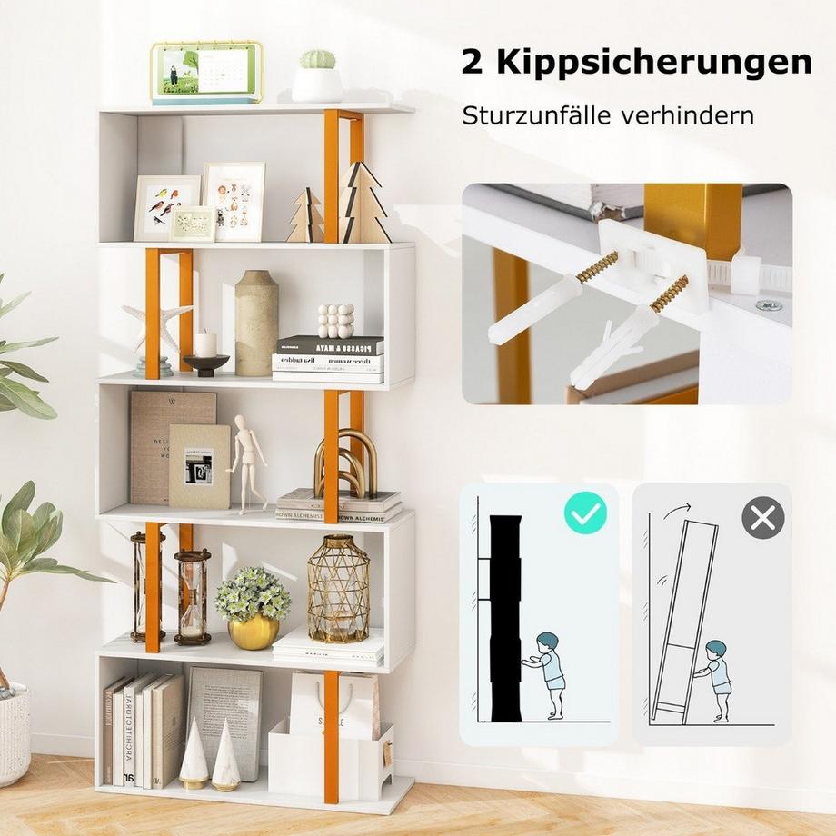 Northio Bibliothèque étagère sur pied blanche à 5 niveaux étagère de bureau en forme de S autoportante 70 x 24 x 157 cm  