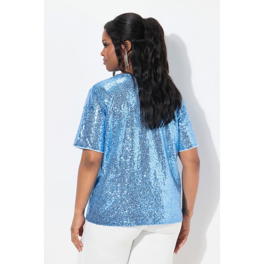 Ulla Popken Pailletten V-Ausschnitt Halbarm Blusenshirt  