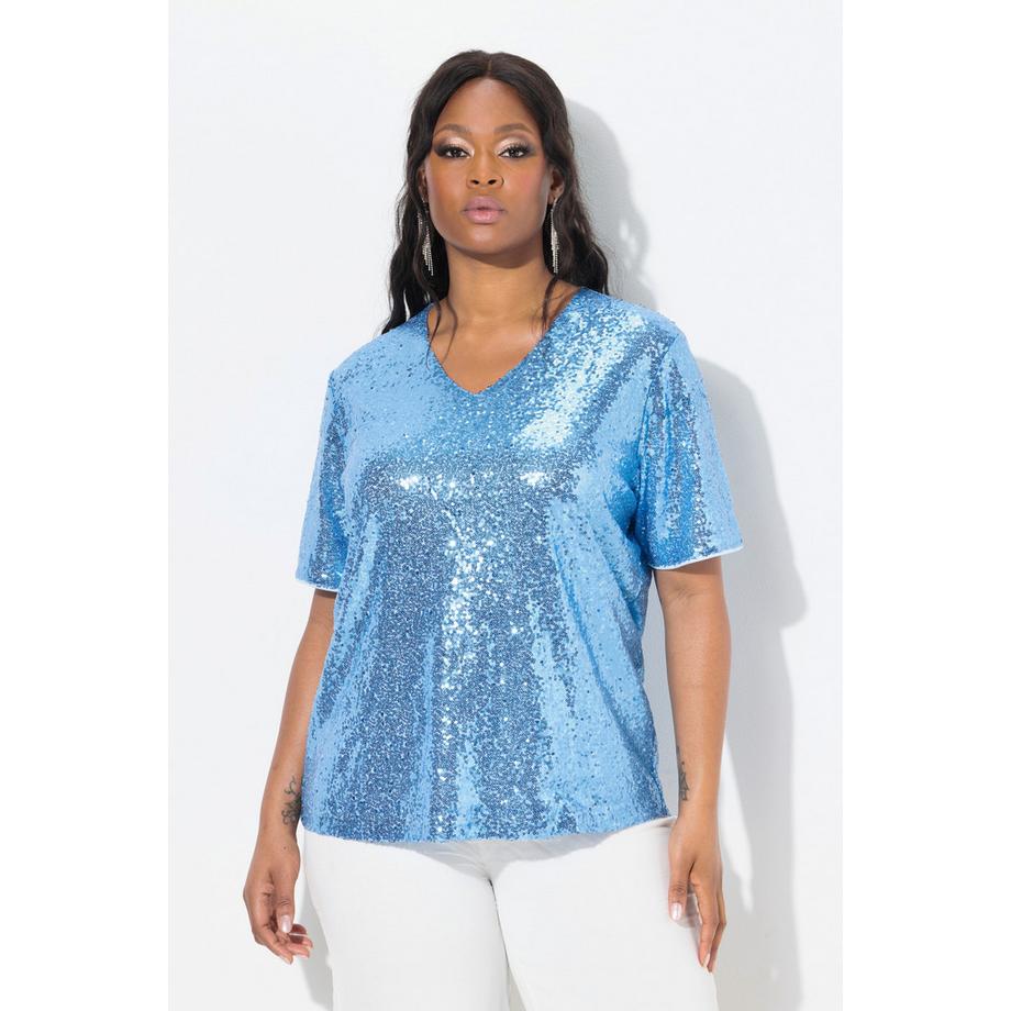 Ulla Popken Pailletten V-Ausschnitt Halbarm Blusenshirt  