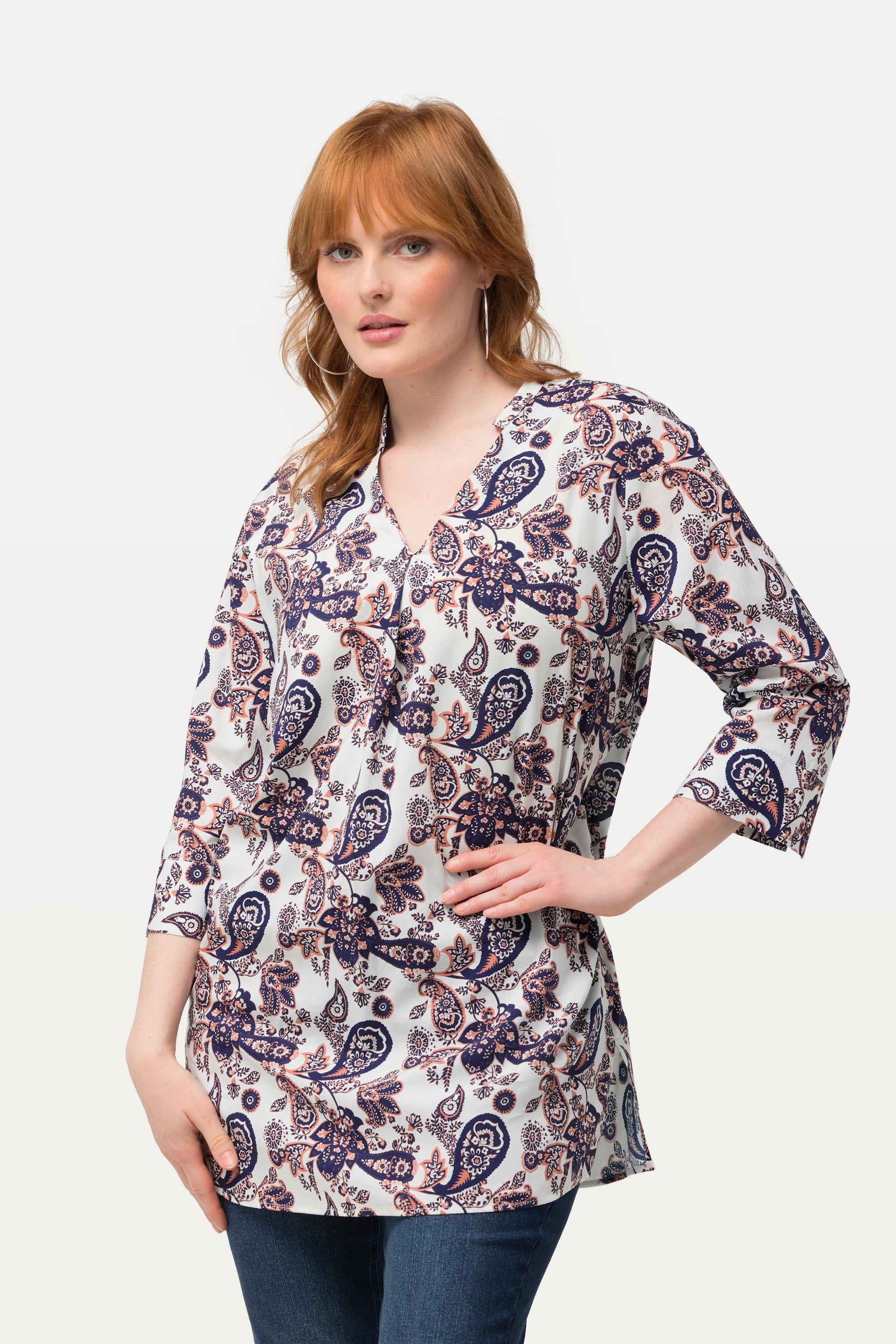 Ulla Popken Tunica Stampa Paisley Scollo a V Collo Alto Maniche 3/4  