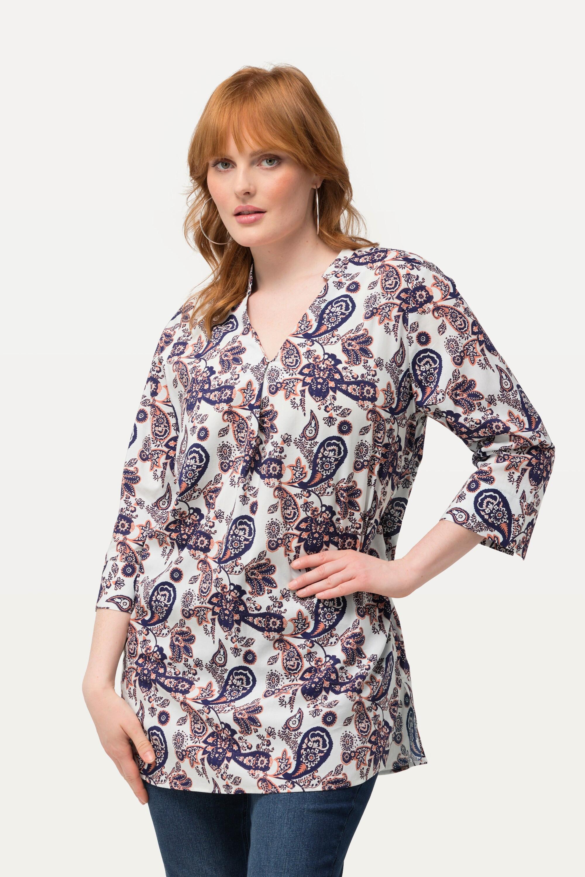 Ulla Popken Tunica Stampa Paisley Scollo a V Collo Alto Maniche 3/4  