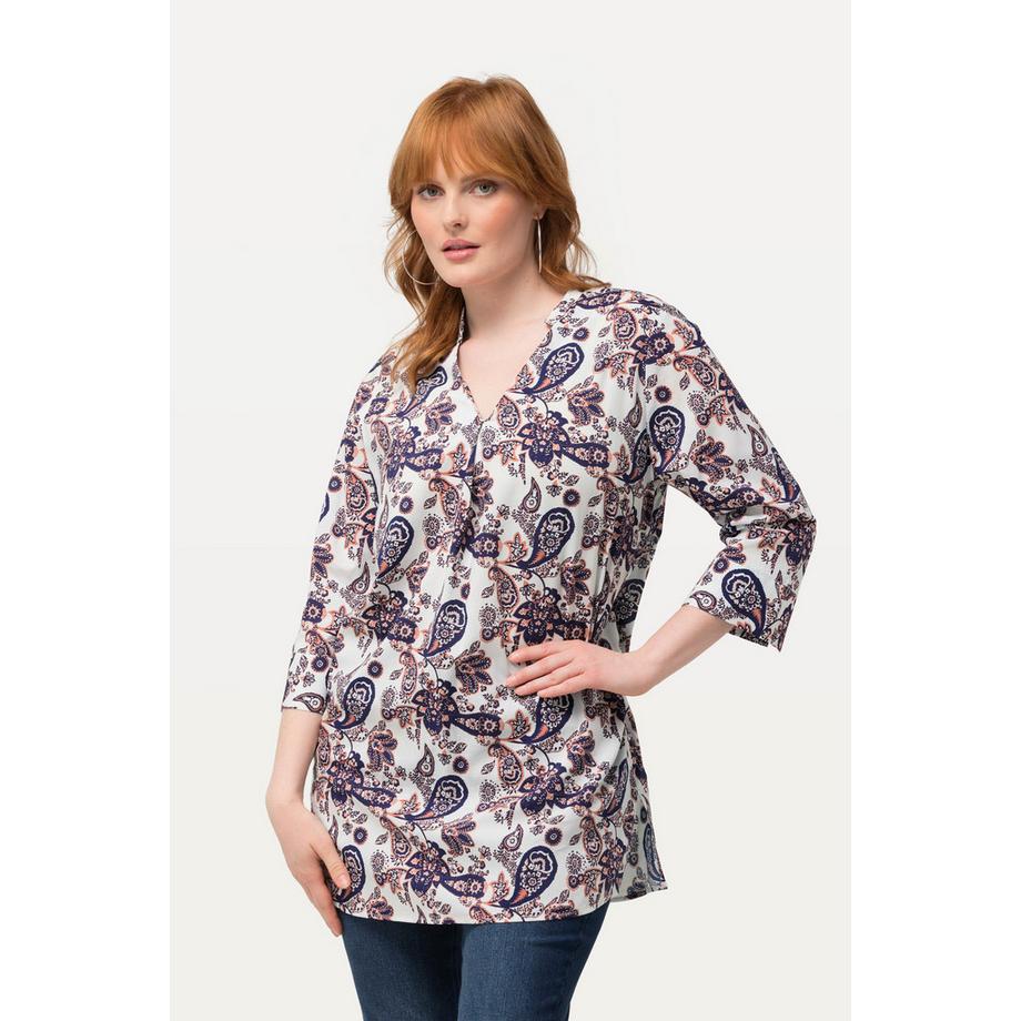 Ulla Popken Tunique Motif Cachemire Encolure V Col Montant Manches 3/4  